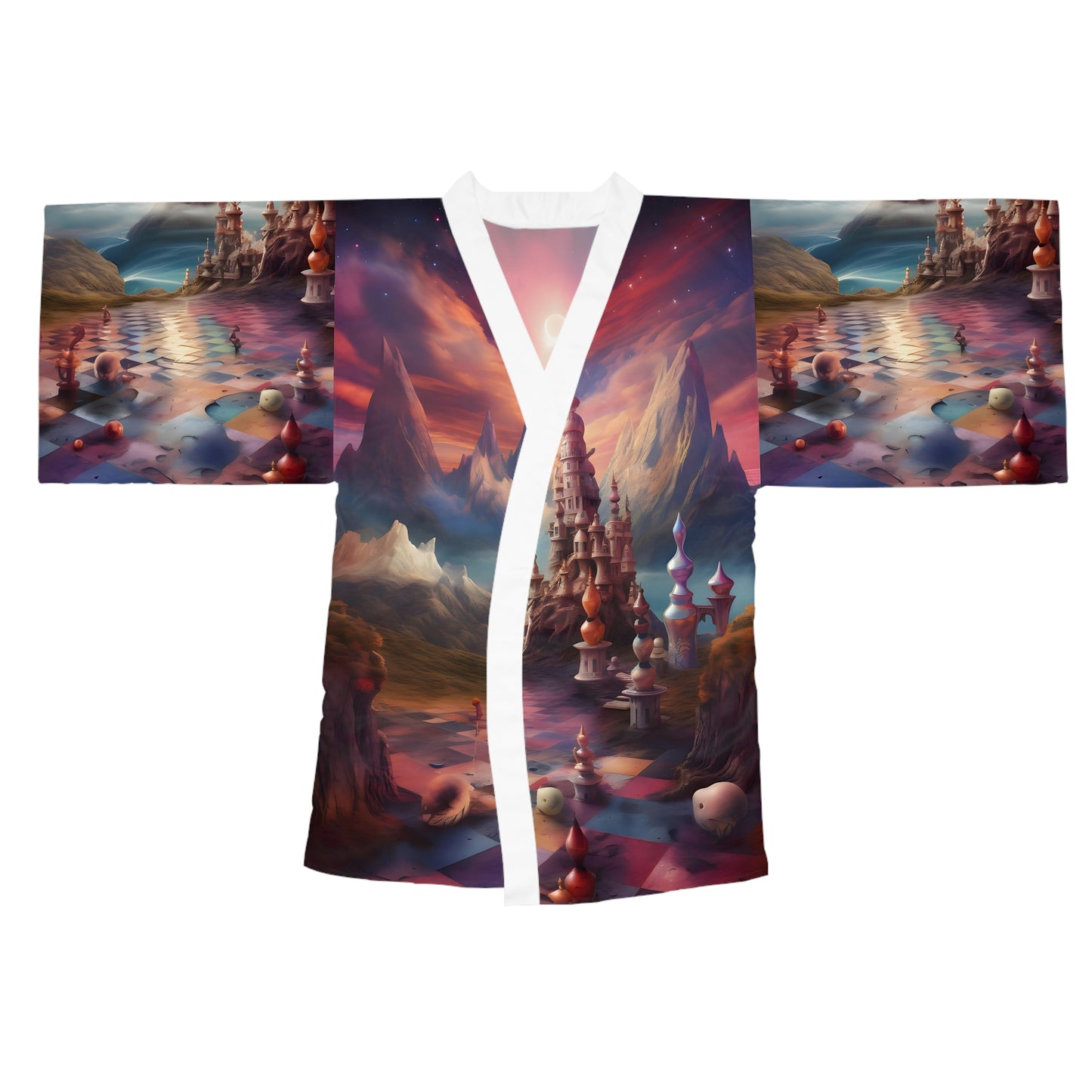 Long Sleeve Kimono Robe (AOP) - Sky Chess 2