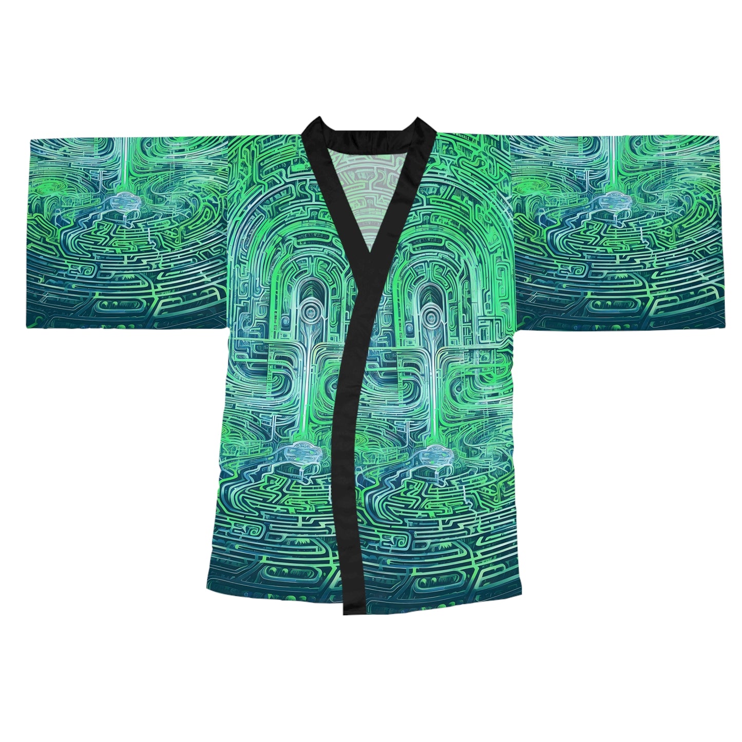 Long Sleeve Kimono Robe (AOP) - Mind Labyrinth Green