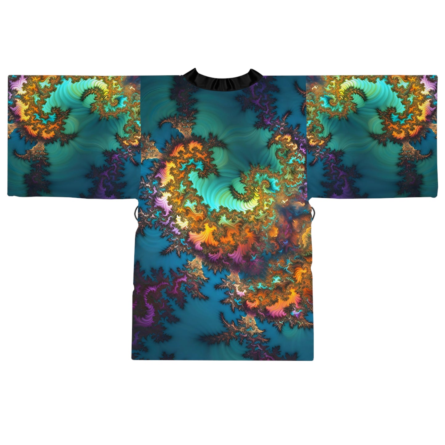 Long Sleeve Kimono Robe (AOP) - Fractals Turquoise