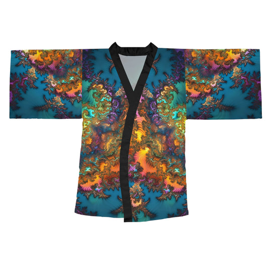 Long Sleeve Kimono Robe (AOP) - Fractals Turquoise
