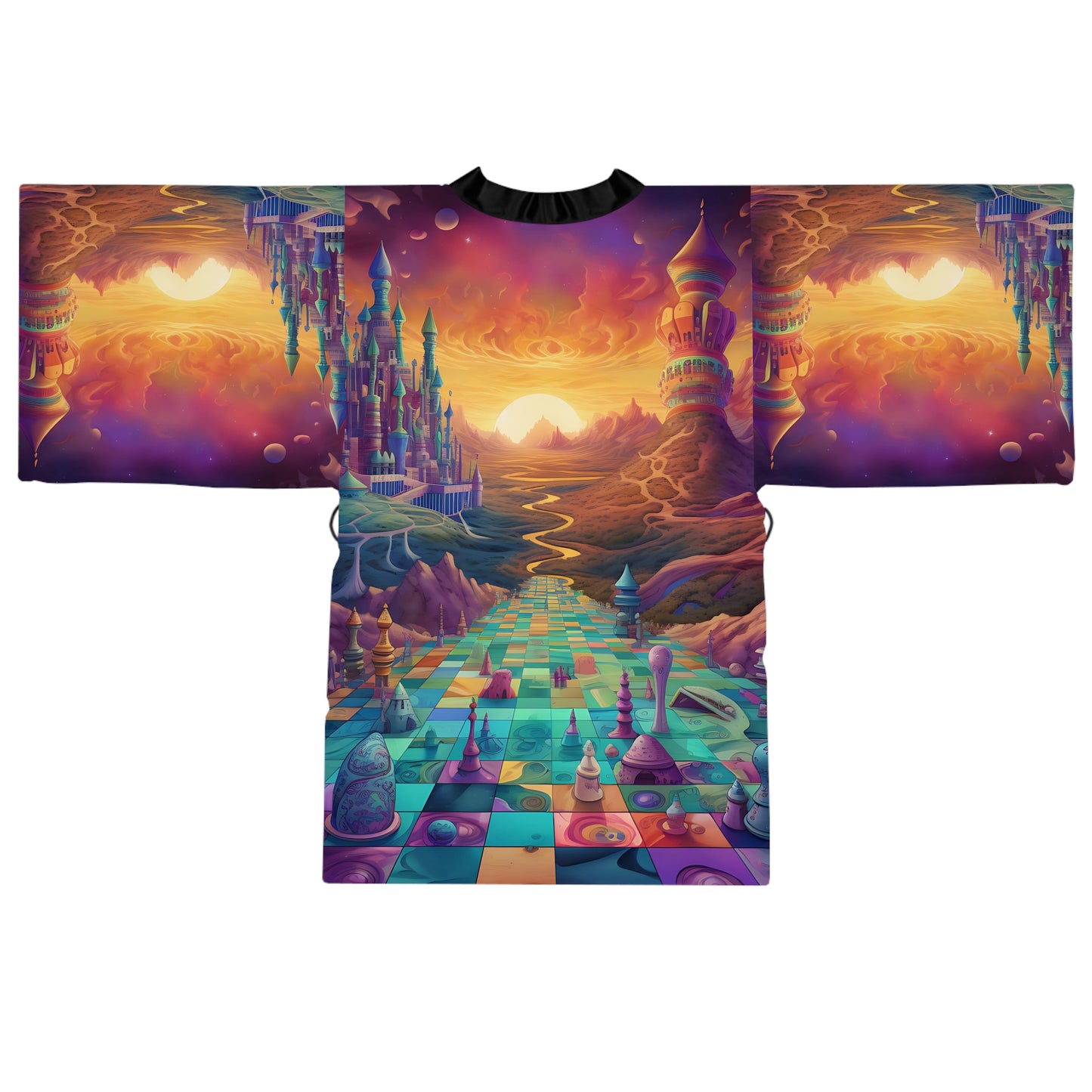 Long Sleeve Kimono Robe (AOP) - Psychedelic Chess