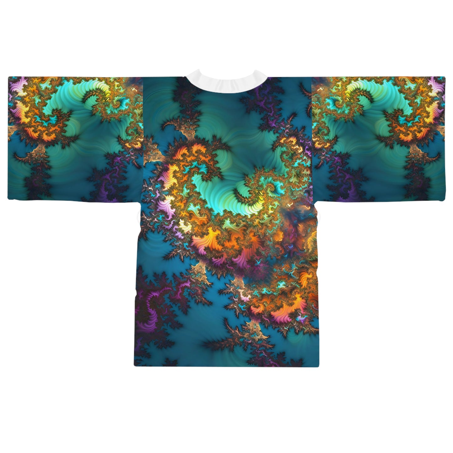 Long Sleeve Kimono Robe (AOP) - Fractals Turquoise