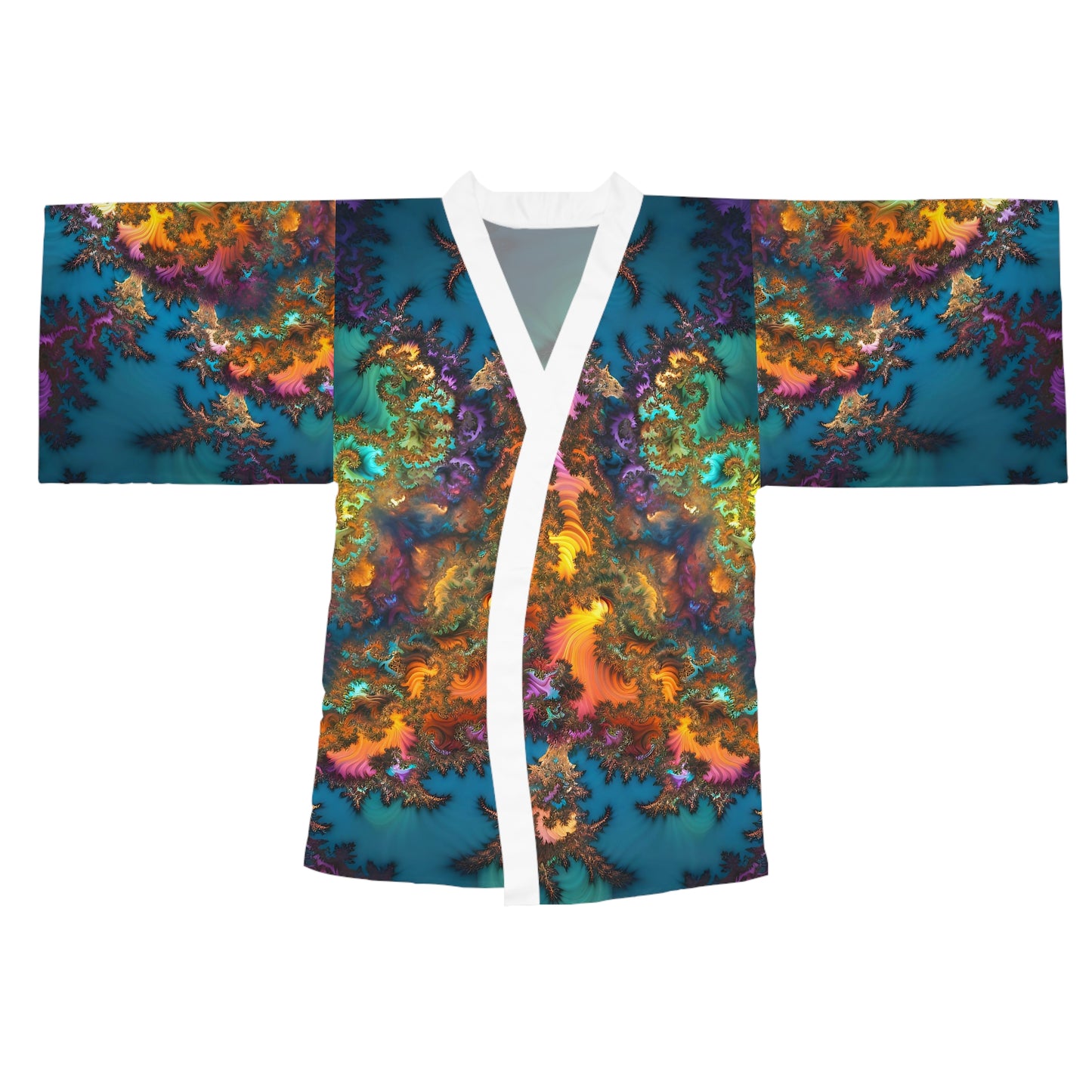 Long Sleeve Kimono Robe (AOP) - Fractals Turquoise