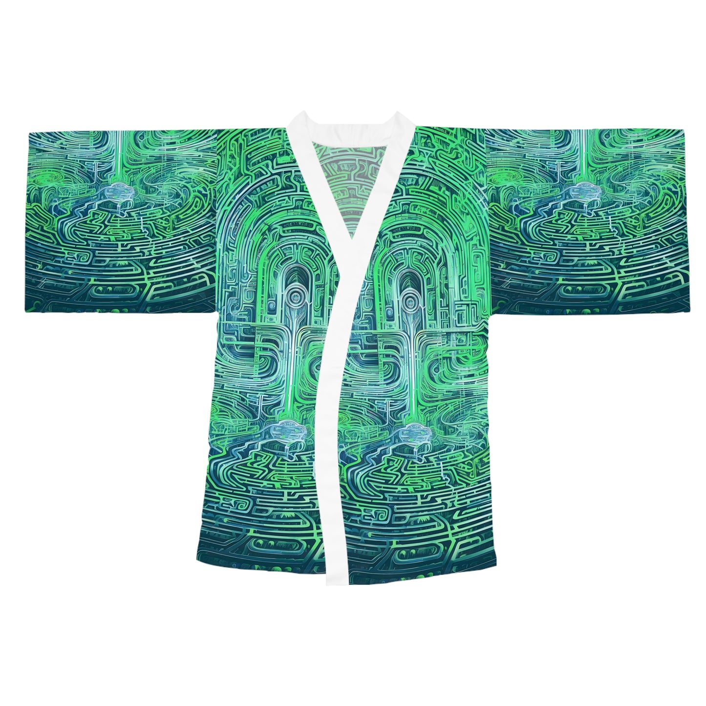 Long Sleeve Kimono Robe (AOP) - Mind Labyrinth Green