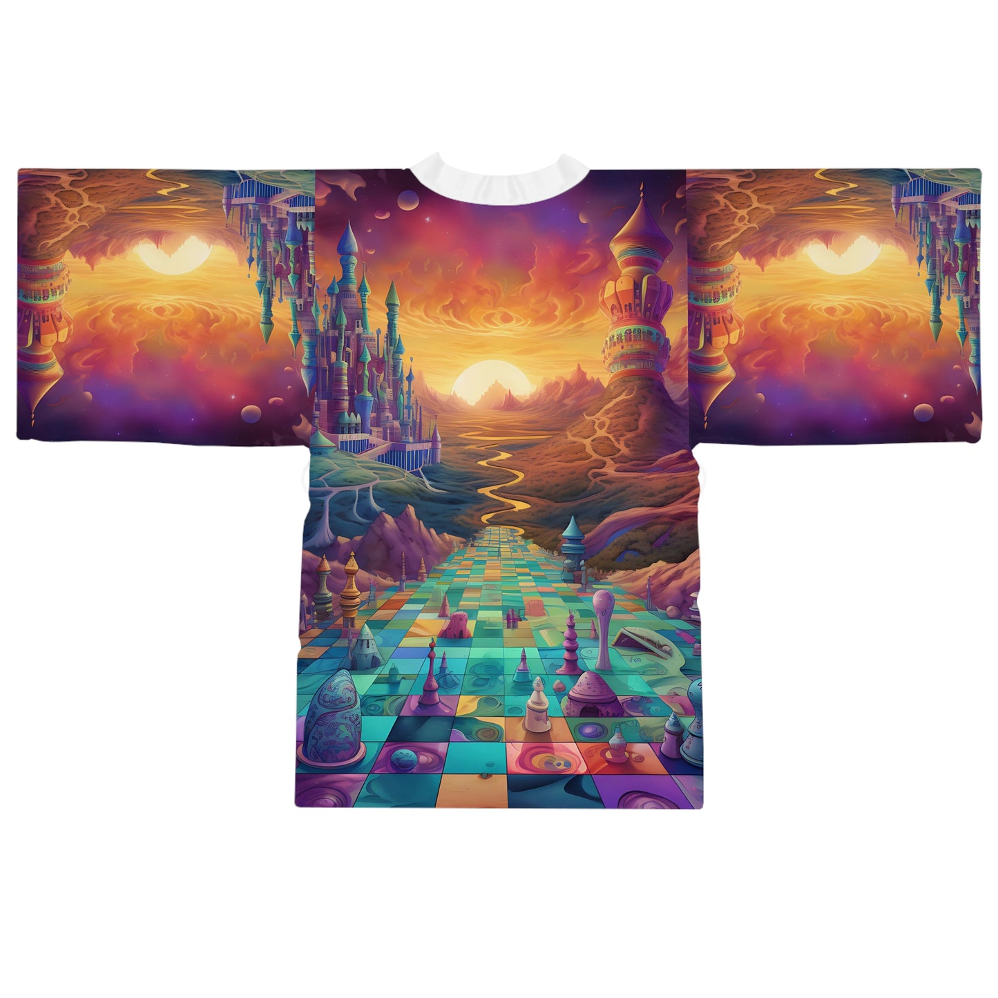 Long Sleeve Kimono Robe (AOP) - Psychedelic Chess