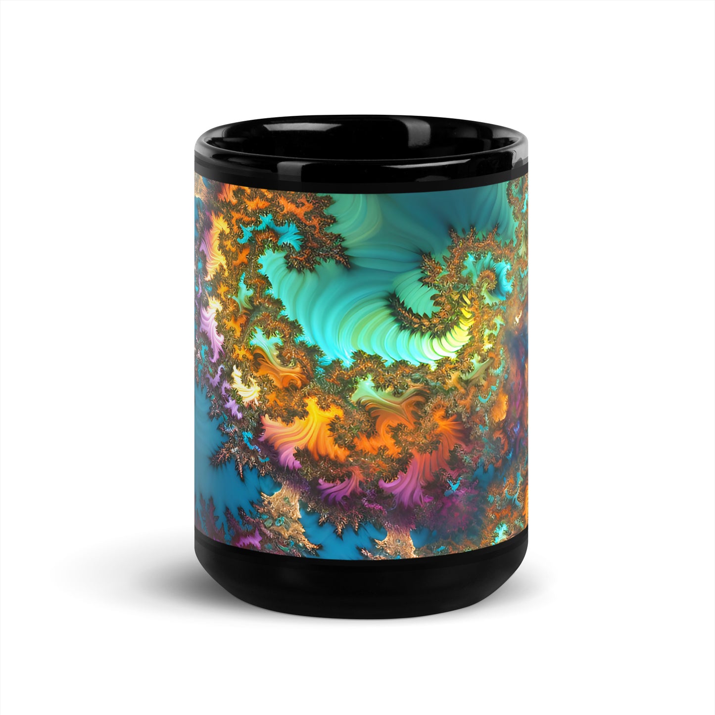 Black Glossy Mug - Fractals Turquoise