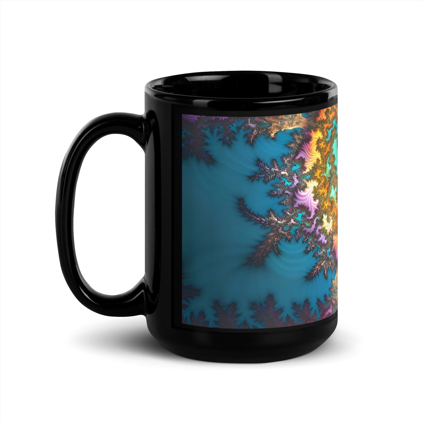 Black Glossy Mug - Fractals Turquoise